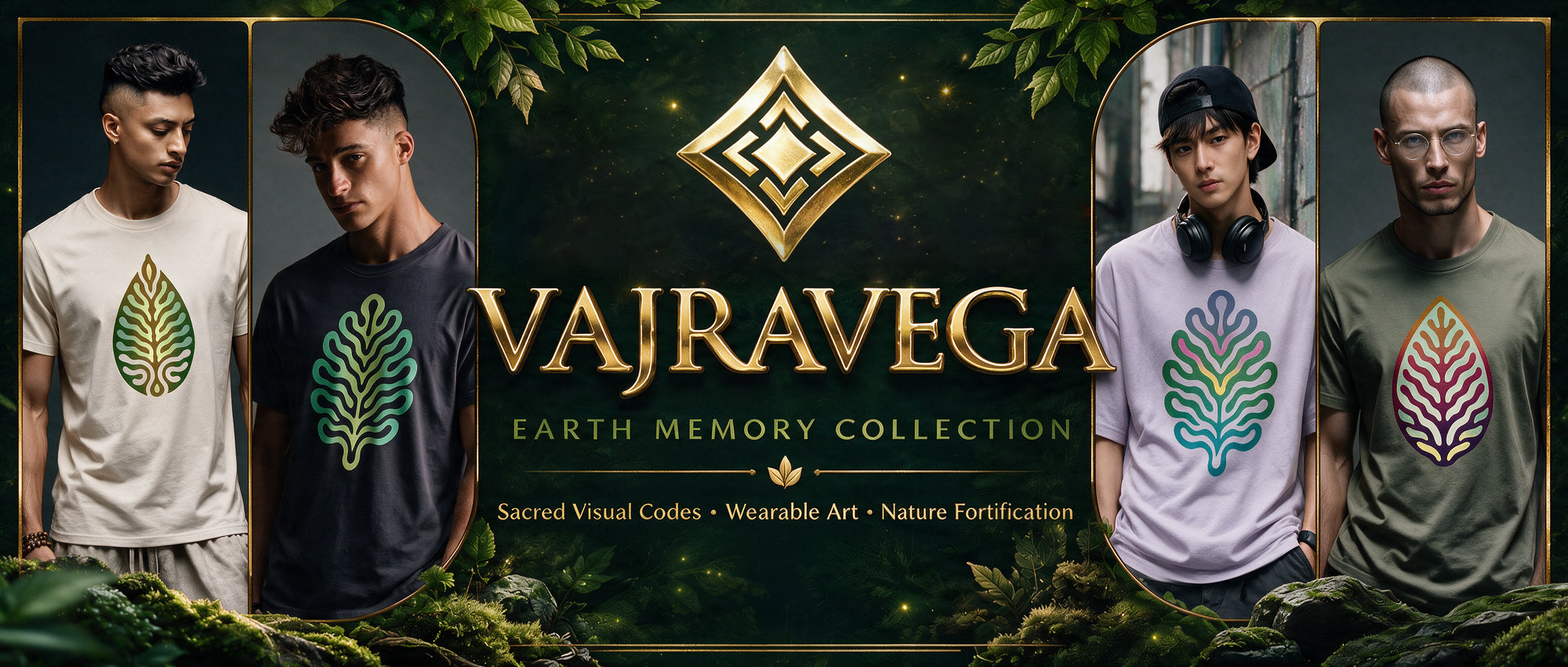 Promotional banner for the Vajravega Earth Memory Collection, featuring four male models wearing graphic t-shirts with a green leaf design. The center displays the brand logo and name 'VAJRAVEGA' in gold lettering over a dark forest-themed background.